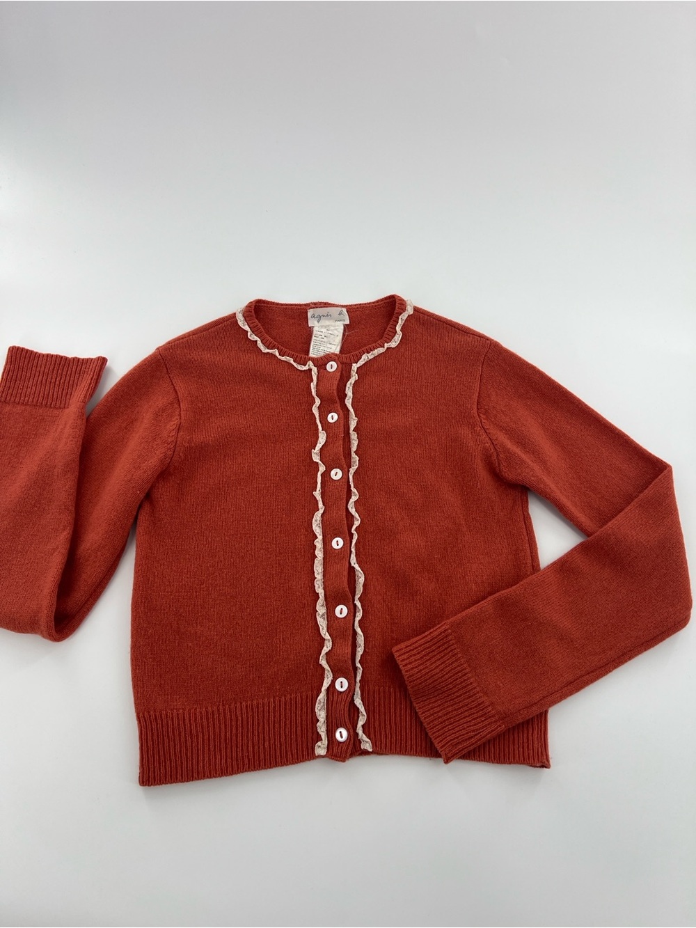 Vintage Agnes B. Rust Red Ruffle-Trim Cardigan Sweater feminine romantic dainty - Picture 2 of 8